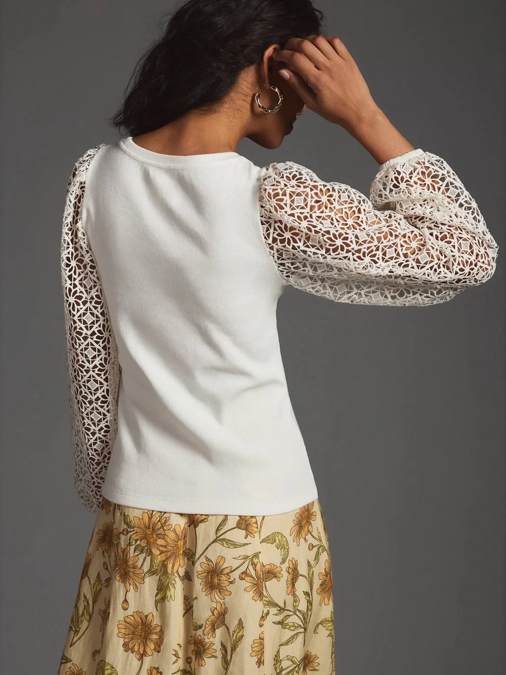Anthropologie Maeve Lace-Sleeve Ribbed Top - White